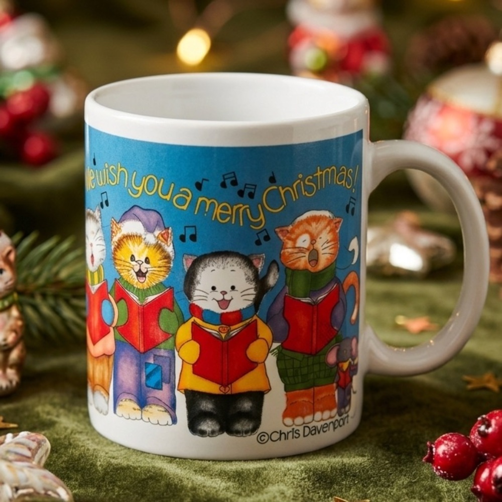 Vintage 1986 Enesco Chris Davenport Cat Christmas Mug Kittens Coffee Korea